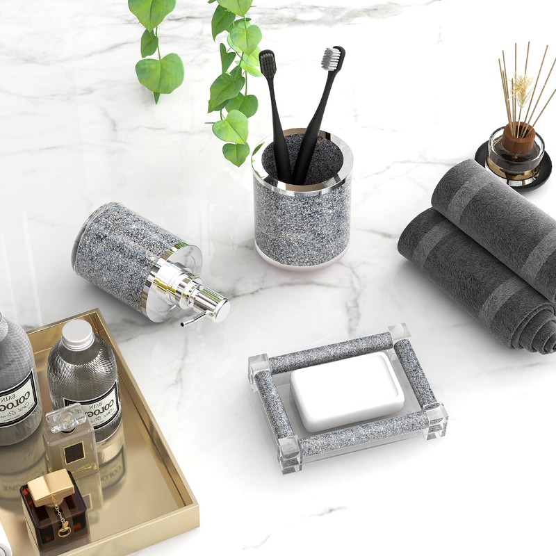 SHYFOY Bathroom Accessories Set, 3 Piece Silver Crystal Crushed Diamond
