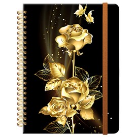 ZHIZHEND Ruled Spiral Writing Notebook,A5 Hardcover Lined College Journal for Women,Strong Twin-Wire Binding with Premium Paper,8.4" X 6",Perfect for School,Office,Home(Gold Butterfly Rose)