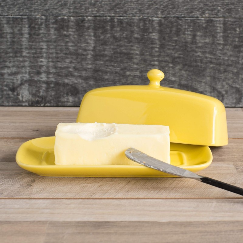 Now Designs Stoneware Rectangle Butter Dish with Lid, Lemon Yellow