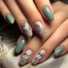 Green Flower Press on Nails Spring Summer Fake Nails, Medium Coffin Press on Nails Flower False Nails Full Cover with Elegantly Flower Design Medium Stick on Nails for Women Nail Art Decorations 24Pcs