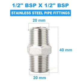 ERGAOBOY 2 Pcs 1/2" Male to 1/2" Male BSP Thread 304 Stainless Steel Hex Nipple Pipe Fittings