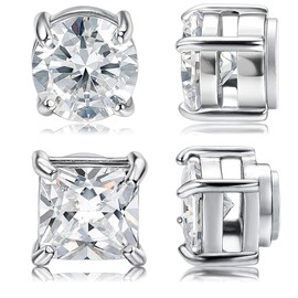 2 Pairs Stainless Steel Magnetic Stud Earrings, Fake Round and Square Silver for Women, Men Non Piercing Clip, Hypoallergenic (5 mm)