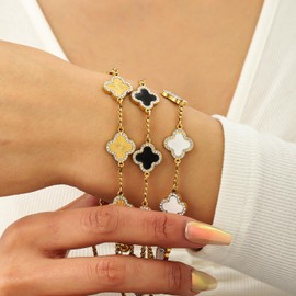Dascus Clover Bracelet For Women 18K Gold Plated White/Black/Gold Flower Four Leaf Clover Bracelets Trendy Adjustable Jewelry Luky Gifts for Women (DZ-Black)