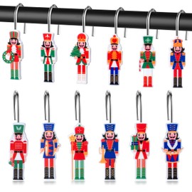 MALLMALL6 Christmas Shower Curtain Hooks - 12Pcs Xmas Nutcracker Decorative Hangers Metal Rustproof Bathroom Winter Holiday Decor Pendants Accessories with Xmas Tree Candy Cane Stainless Curtain Ring