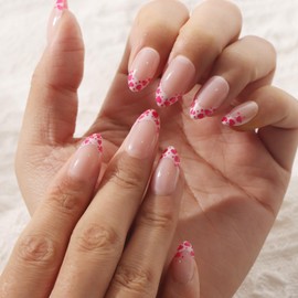 MOTIBACK Almond Press On Nails - 24PCS Medium Length False Nails with Jelly Glue, French Tip Stick on Nails for Women (12 Sizes), Pink Insulation