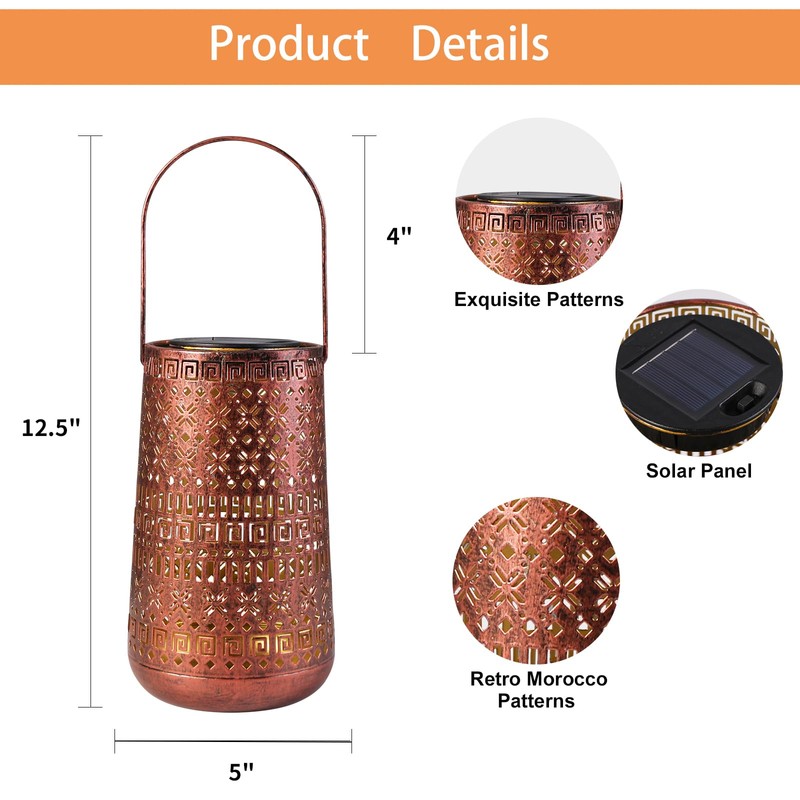 Solar Lantern Outdoor Hanging Lights, Moroccan Metal Hollow-Out Solar Lantern
