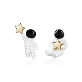 Asymmetric Astronaut Star Small Stud Earrings for Women Creative Cute Cartoon 3D White Spaceman Meteor Planet Universe Hypoallergenic Earrings for Space Science Lover Fashion Jewelry Gifts (White)
