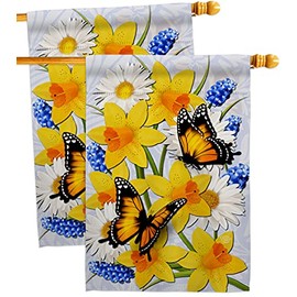 Daffodil Butterflies House Flags 2 pcs Pack Garden Friends Butterfly Ladybugs Dragonfly Bee Springtime Insect Natural Wildlife Small Decorative Gift Yard Banner Double-Sided Made In USA 28 X 40
