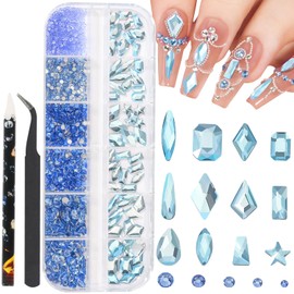 HNUIX Light Blue Nail Rhinestones Kit Flatback Crystal Water Blue Gems Stones 1450Pcs Nail Art Gems Diamonds Jewels Multi Shapes Sizes Nail Charms Tweezer & Wax Pen for Nails DIY Faces Eyes Makeup
