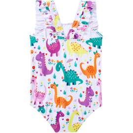 RAISEVERN Baby Girls Swimsuit Ruffles Dinosaur Bathing Suits Cute Cartoon Colorful Flowers Beach Sport White Summer One Piece Swimwear Backless Quick-Dry Swimming Bodysuit for 3t 4t Little Girl