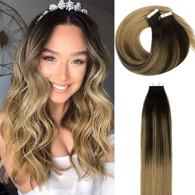 Lacerhair Human Hair Tape in Extensions Natural Hair in Balayage 2/12 Darkest Brown Fading to Dark Dirty Blonde Ombre Glue in Hair Extensions 50 Grams Human Hair 20 Inch
