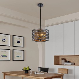 Ship in USA,13" Rustic Industrial Pendant Light, 3-Light Black and Walnut Metal Cage Chandelier with Wood Accents (No Bulbs)Design Style: Modern, Lamp Power(W): 15, Product Size: 32*32*19cm
