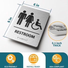 ADA Restroom Sign With Braille-2pk Bathroom Door Signs,Self-Stick Men And Women Handicap Bathroom Sign for Business Office And Restaurant, Brushed Aluminum 8" x 6"