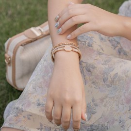 FANCY SHINY Crystal Beaded Leather Wrap Bracelet Stackable Boho Jewelry for Women Trendy Braided Resin Stone Bangle Cuff with Magnetic Clasp(Bronze)