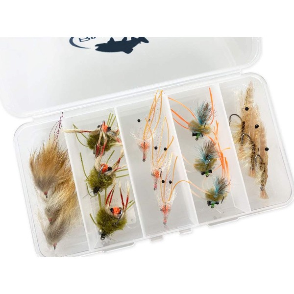RiverBum Redfish Flies Assortment Kit with Fly Box, Crazy Charlie, Assorted Shrimp and Crab Flies for Fly Fishing - 15 Piece