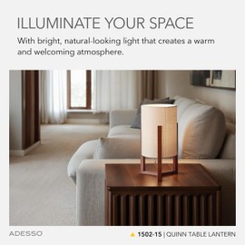 Adesso Quinn Table Lantern - Walnut Birch Wood & Natural Linen Shade – Perfect Nightstand, End Table, and Desk Lamp