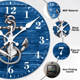 VURQLHE Wall Clock, Nautical Anchor on Blue Wood Silent Non Ticking Battery Operated Round Decorative Indoor Outdoor Clocks for Living Room Kitchen Bedroom Bathroom Patio 12"