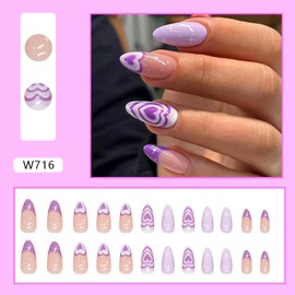 Purple French Tip Glossy Fake Nails Kit,Long Almond Shape Press on Nails,Full Cover Artificial Nails with Heart Star Design,Stick on Nails with Charm for Women,Reusable Acrylic False Nails with Glue