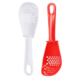 BuxiuGK Pack of 2 Multifunctional Cooking Spoons, High Temperature Resistant Plastic Skimmer Shovel Strainer Grater Masher Slotted Spoon for Dripping, Mashing, Grinding, Grating Garlic (White and Red)
