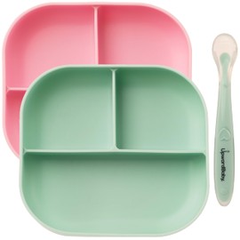 UpwardBaby 2 Pack Baby Plates and Spoon Set - Silicone Divided Suction Plates for Babies, Toddlers & Kids - Less Mess, Portion Food Plates Feeding Set - Non-Slip, Non-Toxic, BPA Free - Sage/Pink