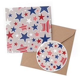 1 x Greeting Card & 10 cm Round Sticker Set - American Stars & Stripes Pattern Star - Birthday Thank You Friend Lover Fan Mum Dad Kids #170185