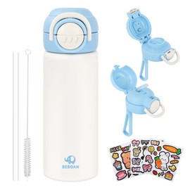 BEBOAN 550ml/18.6oz Kids Stainless Steel Insulated Water Bottle with Straw, Blue Metal Water Bottle for Kid, Double-Walled Thermal Bottle BPA-Free, Flip up Child's Flask for Boys with 3 Cute Stickers