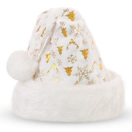 KONVINIT Christmas Hats Adult,Deluxe Santa Hat Santa Claus Hat Father Christmas Hat with Patterns of Christmas trees, Reindeer and Snowflakes,Xmas Hat for Men and Women,white