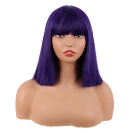 MapofBeauty 12 Inch/30 cm Straight Bob Flat Bangs Short Colorful Synthetic Hair Cosplay Party Wig (Dark Purple)