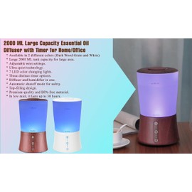 BlueHills Large 2000 ML XL Essential Oil Diffuser Premium Aromatherapy Humidifier for Big Room Home Long Run Extra Large Capacity for Huge Area 2 Liter 2L Color Changing Lights Cool High Mist White-S1