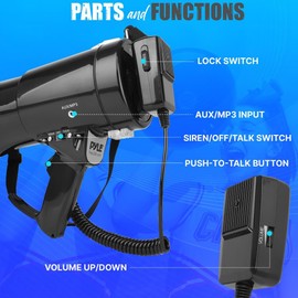 PYLE-PRO 50W Megaphone Speaker PA Bullhorn, Black Aux Input, Adjustable Volume, Siren, 35mm Aux Input, Ideal for Sports Events & Emergency Drills- PMP53IN