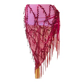 Lauthen.S Women Belly Dance Hip Scarf, Sequin Tassels Triangle Tribal Wrap Skirt Waist Chain, Wine, One Size