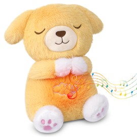 KOPHINYE Breathing Stuffed Animal Dog Plush, Soothe Snuggle Dog Stuffed Animals for Kids Babies, Cute Sleeping Puppy Plushie with Realistic Breathing and Lights Music, Birthdays Gift
