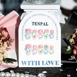 TENPAL Ocean Blue Pink Acrylic Nails,Handmade Press on Nails Coffin Medium,Summer Glitter Fake Nails With Starfish Fresh Rainbow Color Designs,Soft Gel Glue on Nails 10pcs,Medium Size