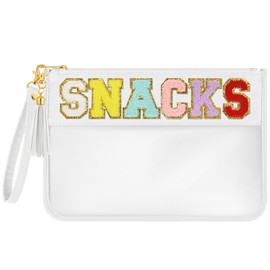 BOUBONI Chenille Letter Bag Clear Stuff Bag Flat Pouch Nylon and PVC Clear Cosmetic Bags Travel Makeup Bag Clear Zipper Pouches Toiletry Bag With Wristlet for Women Girls (White-Snacks)