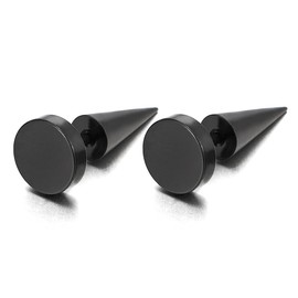 Pair 8MM Black Circle Stud Earrings in Stainless Steel for Men and Women, Spiked Screw Back