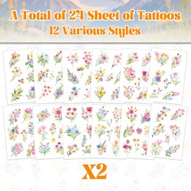 144 PCS Wildflower Temporary Tattoos Stickers, Wildflower Flower Party Favors Birthday Party Decorations Supplies Spring Wildflower Floral Flower Bouquet Tattoos Gifts for Kids Girls, 24 Sheets