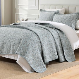 CozyQQ Dusty Blue Floral Quilt - 100% Organic Cotton Queen Size Quilt Set, Lightweight Modern Quilted Bedspread for Queen Bed, Elegant All Season 3-Piece Spring Summer Comforter Bedding Set, 98"x90"