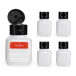 Octopus 5 x 50 ml Plastic Bottles, HDPE Plastic Bottles with Black Flip Cap, Empty Bottles with Black Hinged Closure, Square Bottles with 5 Labelling Labels