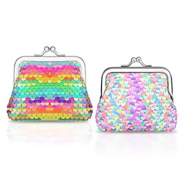 Paquete de 2 monederos de nailon para mujeres y niñas, monederos de lentejuelas de doble cara con cierre de cierre de beso, bolsa colorida para cambio