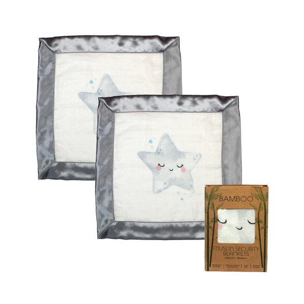Immaculate Textiles Bamboo Baby Sensory Muslin Square/Comforter/Security Blanket - Pack of 2-40x40cm - 70% Bamboo / 30% Cotton with Satin Edge : Baby Boys or Girls (Sleeping Star)