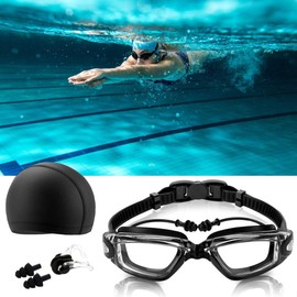 RabbitStorm Kit de Natación 5 en 1, Equipo de Natación que Incluye Gafas de Natación con Auriculares Integrados, Gorro de Natación, Auriculares y Clips para la Nariz, Bolsa de Natación, Adecuado para Hombres y Mujeres Adultos y Niños