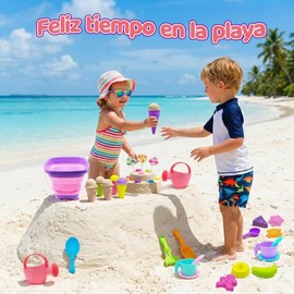35PCS Juguetes de Arena para Playa con Gafas de Sol, Pala de cubeta de Arena Plegable y e rastrillo, Juego de moldes para Helados en la Playa,Juguete para Piscina Niños