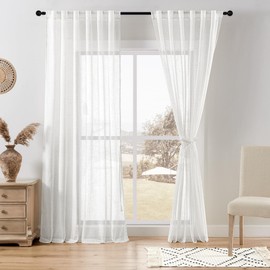 DWCN White Linen Sheer Curtains, 84 Inches Long Rod Pocket & Back Tab Linen Texture Semi Sheer Window Covering, Light Airy Privacy Sheer Panels for Bedroom Living Room 52" W x 84" L, Set of 2