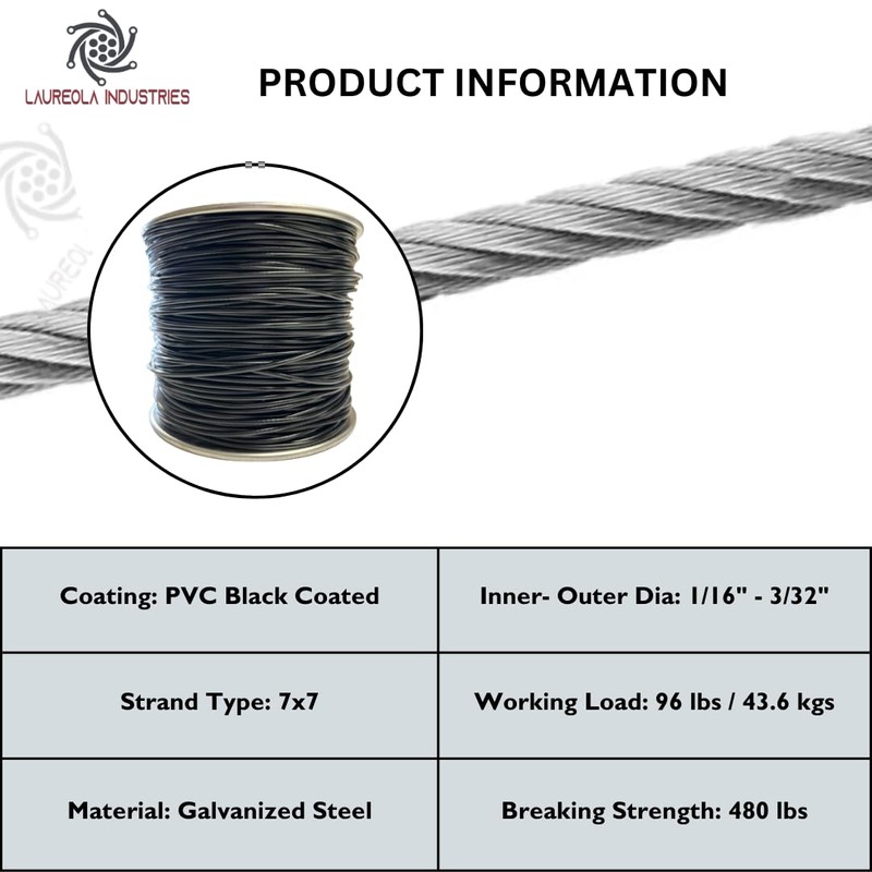 Laureola 1/16" to 3/32" (PVC) Vinyl Coated Black Color Galvanized