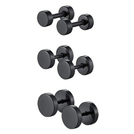 Barbell Earrings, Dumbbell Shape Stud Earring Set, 3 Pairs Set(4MM/6MM/8MM Wide), Gift For Father, Black Plated Stainless Steel Ear Stud Jewellery Men Earrings (Gift Package)