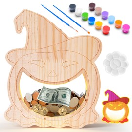 GLUTIA Pumpkin Piggy Bank for Kids with Led Light, Glow in Dark Unbreakable Wooden Piggy Bank with DIY Colors, Kids Safe Bank for Birthday
