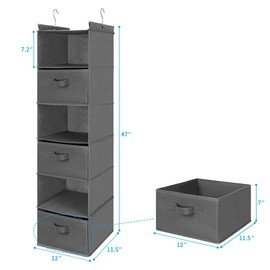 6 Tier Shelf Hanging Closet Organizer, Closet Hanging Shelf with 2 Sturdy Hooks for Storage, Foldable (Grey-D3)