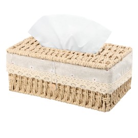 Tissue Box, Cosmetic Tissue Box, Handwoven Tissue Box, Rectangular Rattan Tissue Box, Tissue Holder for Dining Room, Living Room, Offices, 24 x 14 x 10 cm (Beige)