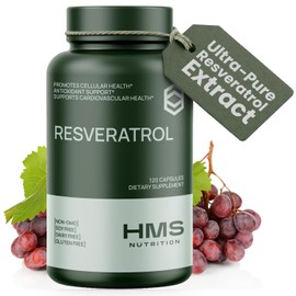 HMS Nutrition Resveratrol 1400 mg 120 cápsulas Trans-resveratrol de alta potencia con poderosos antioxidantes. El té verde de semilla de uva de açaí apoya el funcionamiento celular y cardiovascular