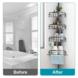 Rust-Resistant 4 Height Adjustable Bathroom Shelves Corner Shower Caddy with Tension Pole Towel Bar Hanging Hook Floor StandColor: Black Color